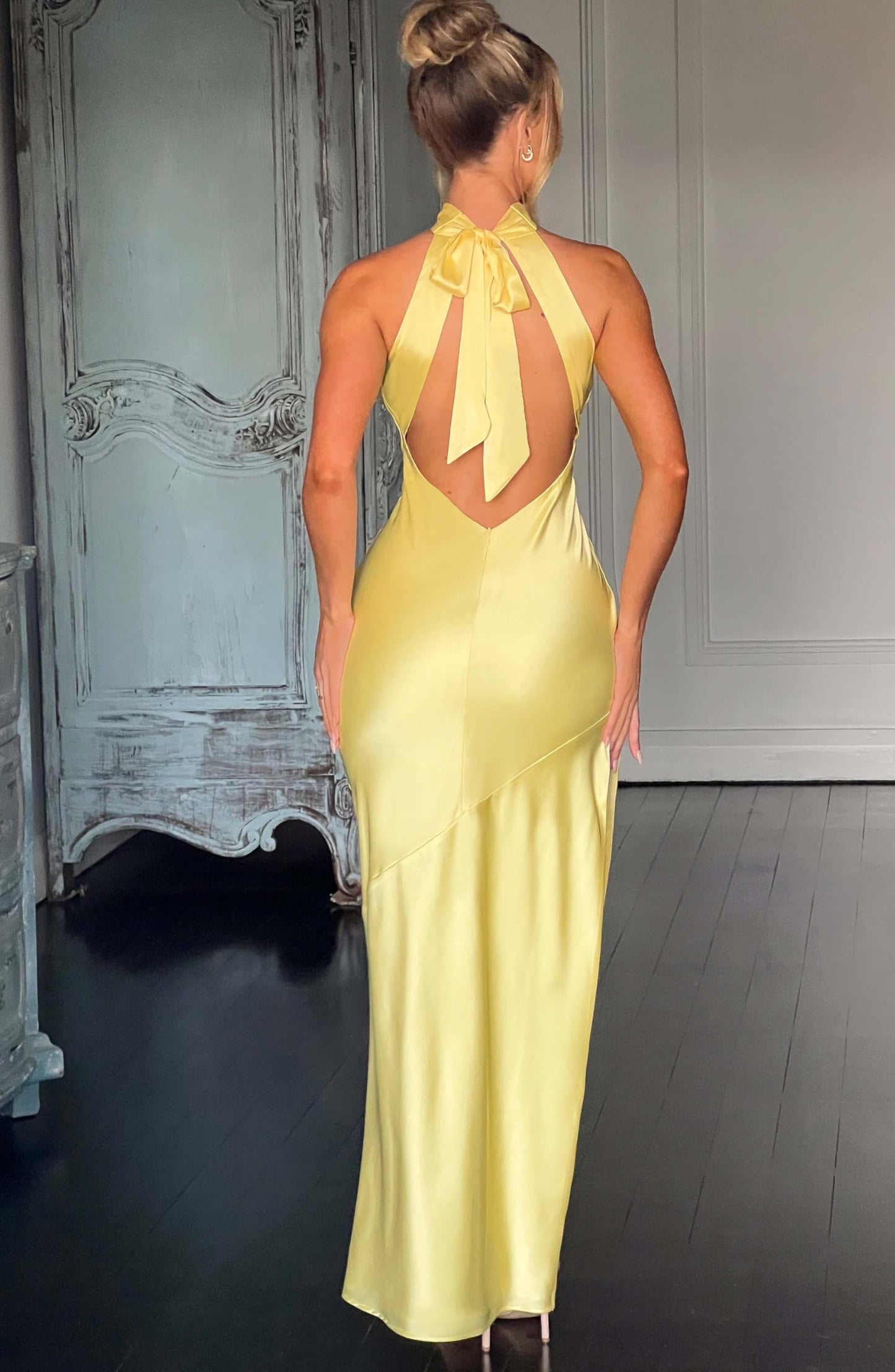 Satin Mermaid Prom Dresses Halter Evening Dress Backless Formal Party Dress Long with Slit