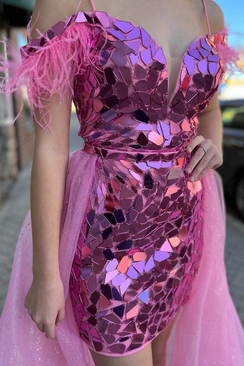 Pink Cut Glass Mirror Cold-Shoulder Short Party Dress with Attached Train
