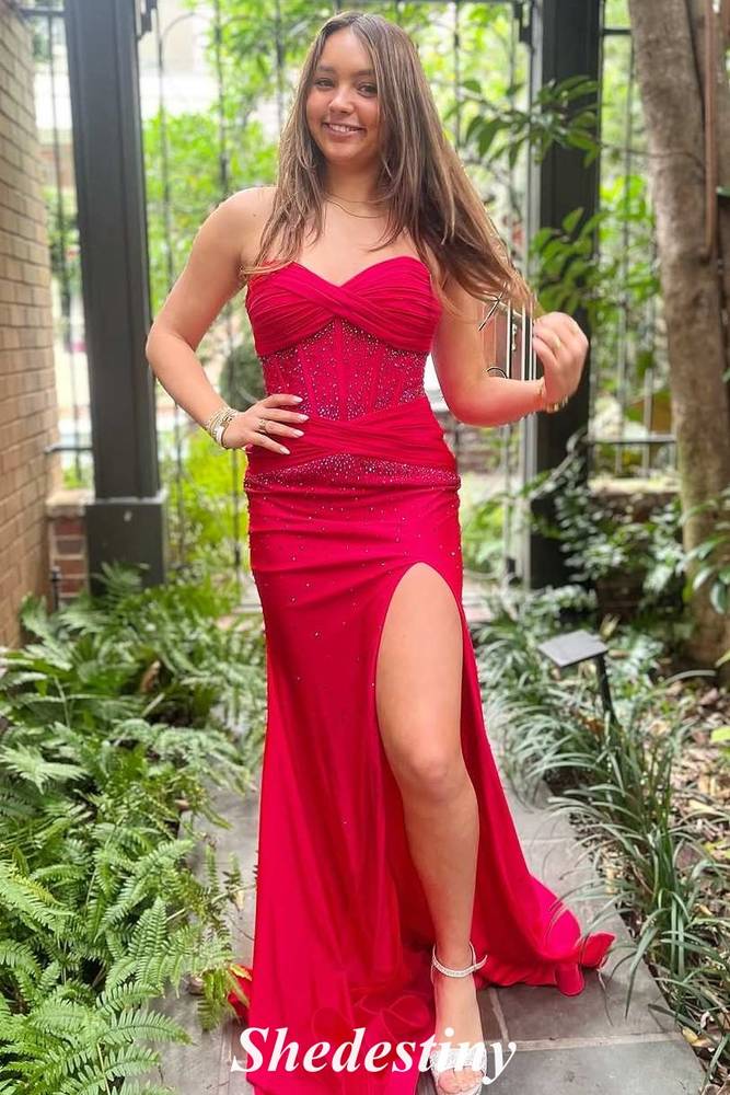 Shining Rhinestone Red Sweetheart Mermaid Porm Dress with Slit