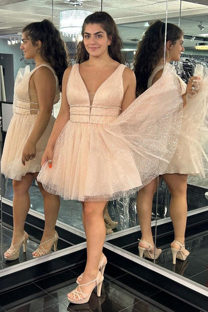 Sparkled Light Blue V-Neck A-Line Short Homecoming Dress