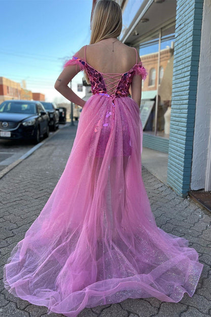 Pink Cut Glass Mirror Cold-Shoulder Short Party Dress with Attached Train