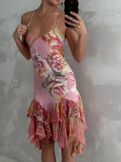 Pretty Pink Satin Print Floral Midi Party Gown Evening Dress cc2859