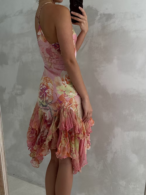 Pretty Pink Satin Print Floral Midi Party Gown Evening Dress cc2859