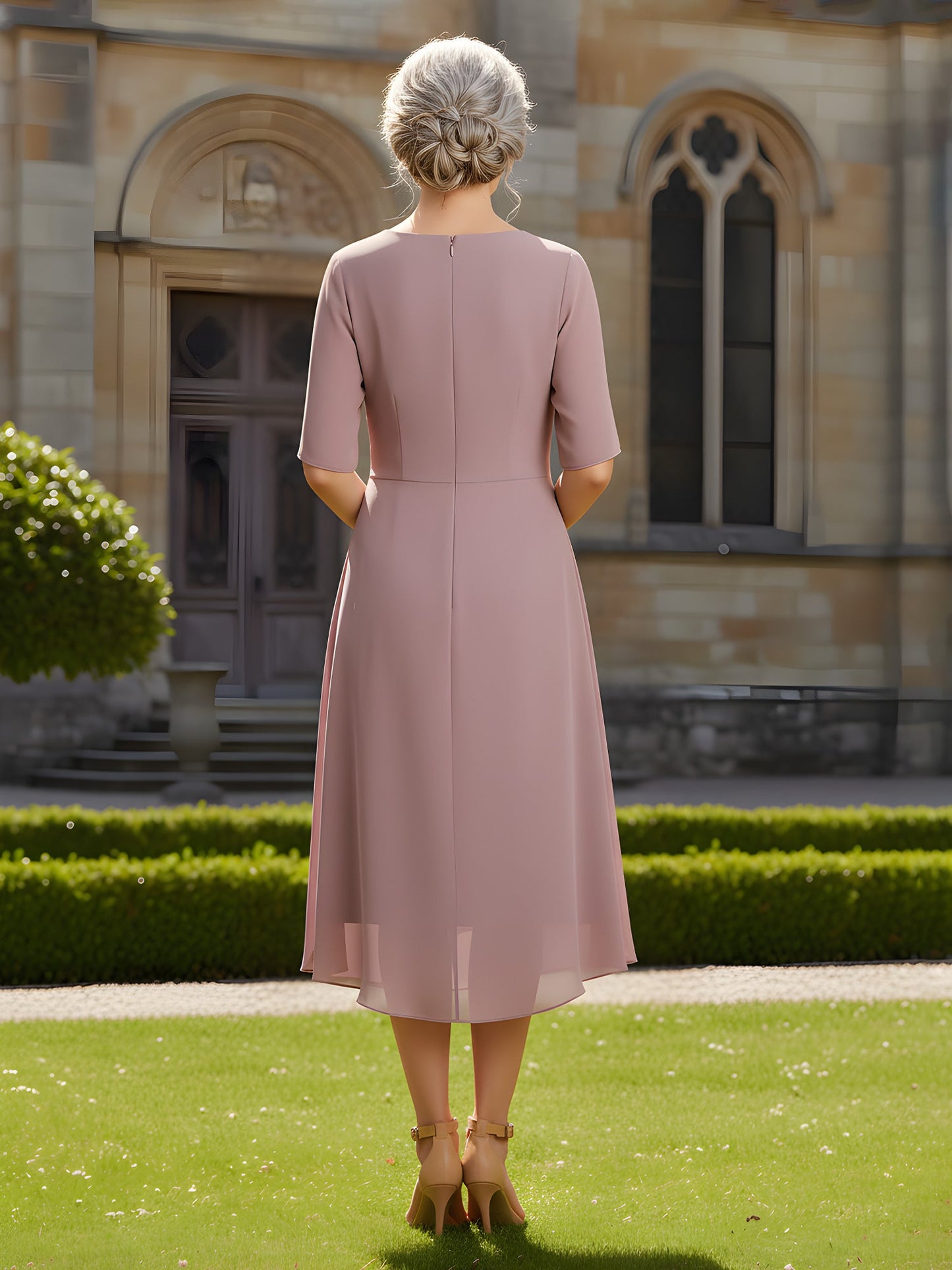 A-Line Scoop Neck Half Sleeves Knee-Length Dress Dusty Rose