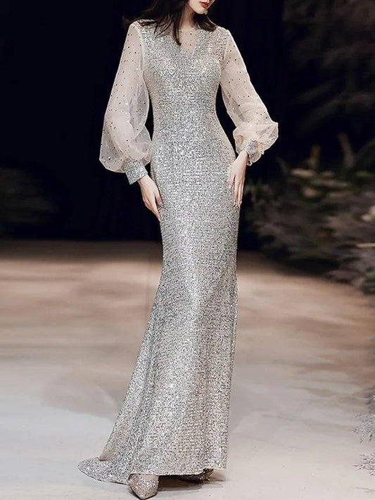 A-Line Mermaid / Trumpet Sparkle Elegant Prom Formal Evening Dress Illusion Neck Long Sleeve Sweep / Brush Train Sequined with Sequin - RongMoon