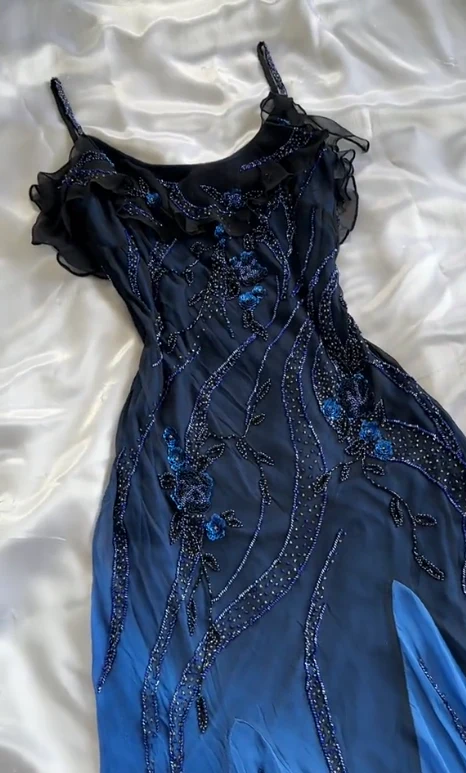 Charmong Navy Blue Chiffon Beaded Long Prom Dress Formal Party Dress  cc1416