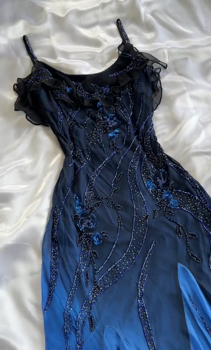Charmong Navy Blue Chiffon Beaded Long Prom Dress Formal Party Dress  cc1416