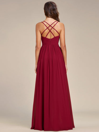 Burgundy Women's V Neck Adjustable Spaghetti Straps Open Back A Line Floor-Length Prom Dress