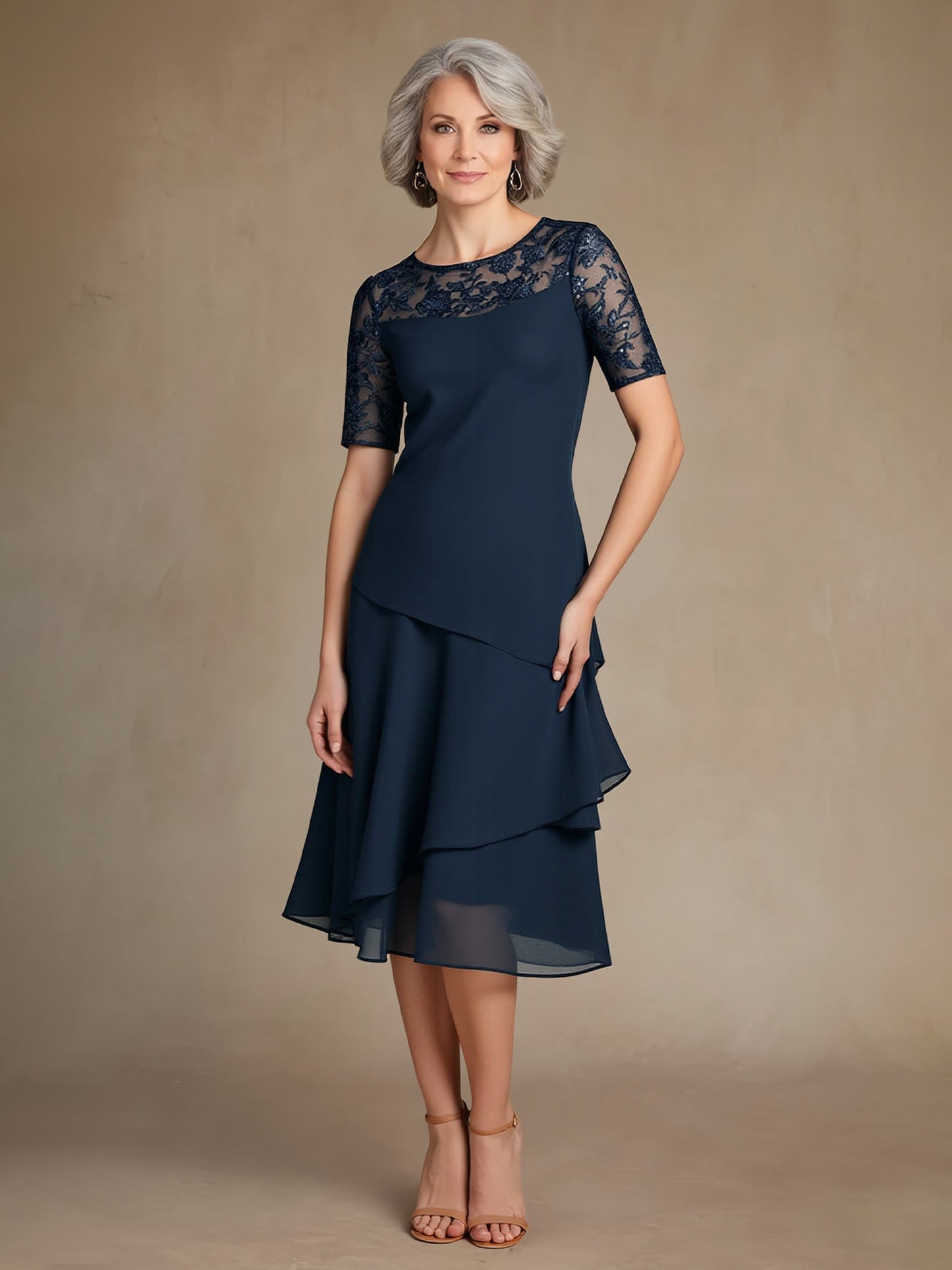 Lace Short Sleeves Chiffon Ruffle Knee-Length Dress Dark Navy