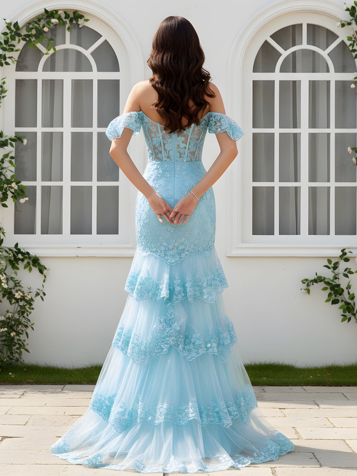 Structured Gown with Tiered Tulle Skirt and High Slit Sky Blue