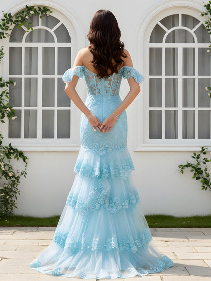 Structured Gown with Tiered Tulle Skirt and High Slit Sky Blue
