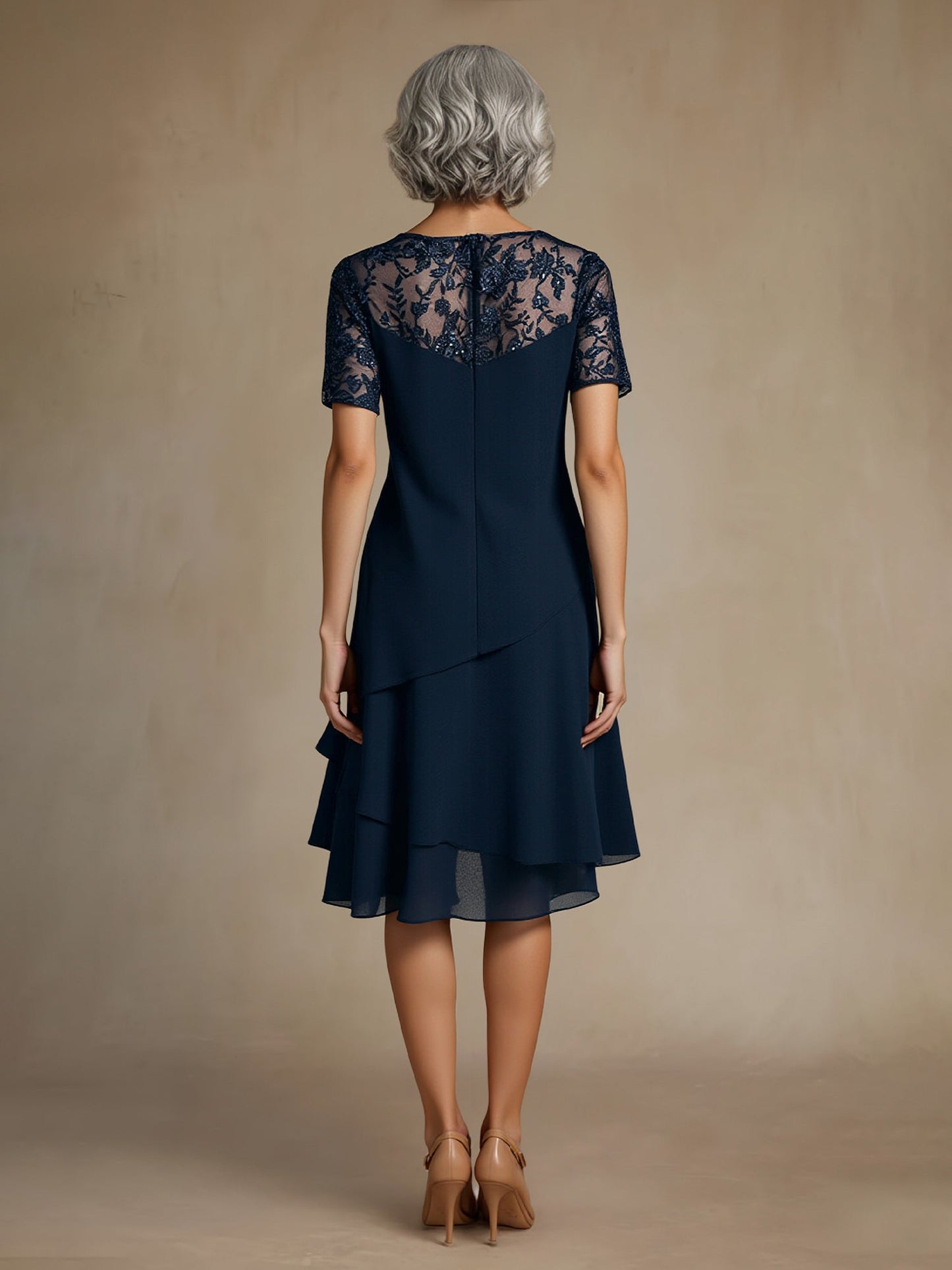 Lace Short Sleeves Chiffon Ruffle Knee-Length Dress Dark Navy