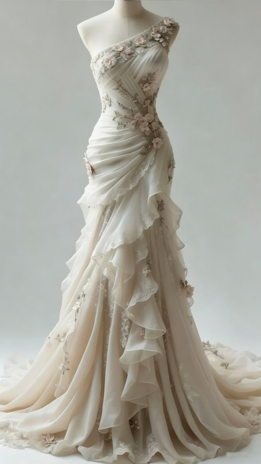 Fairy Luxury Elegant Style Champagne 3D Flower Asymmetric-Shoulder Mermaid Gown - Wedding Toast & Dinner Dress gh6561