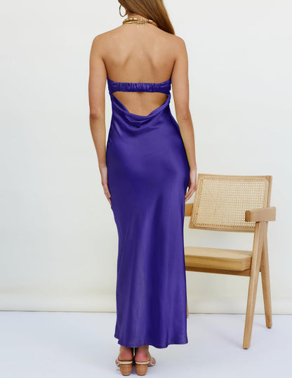Navy Strapless Satin Tube Bodycon Backless Formal Prom Dress