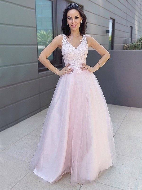 A-Line/Princess V-neck Sleeveless Applique Tulle Floor-Length Dresses - RongMoon