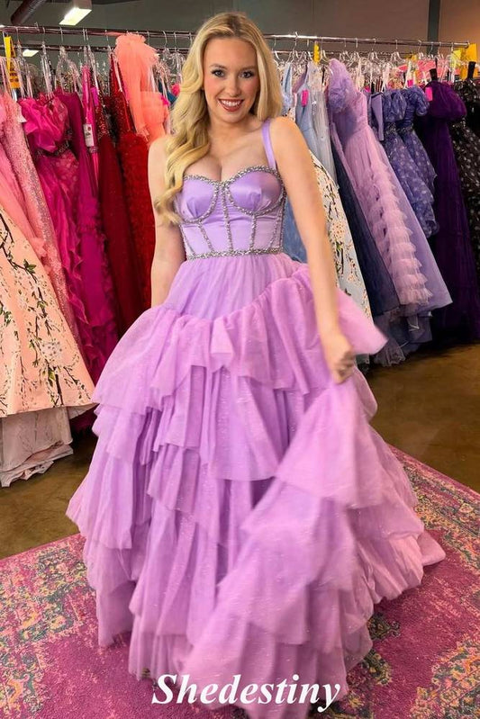 Spaghetti Straps Lilac Ruffle Tiered Rhinestone Formal Porm Dress