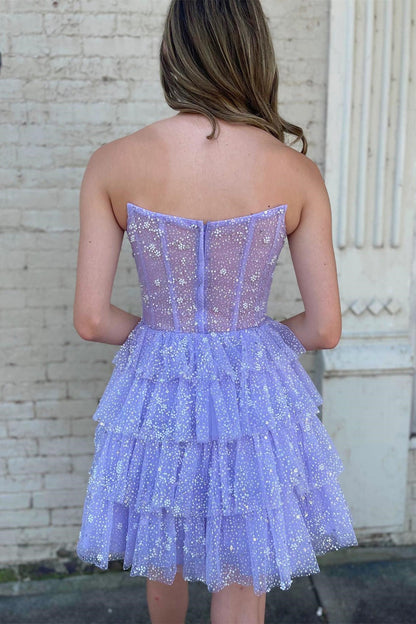 Lavender Tulle Beaded Strapless Tiered Short Gown