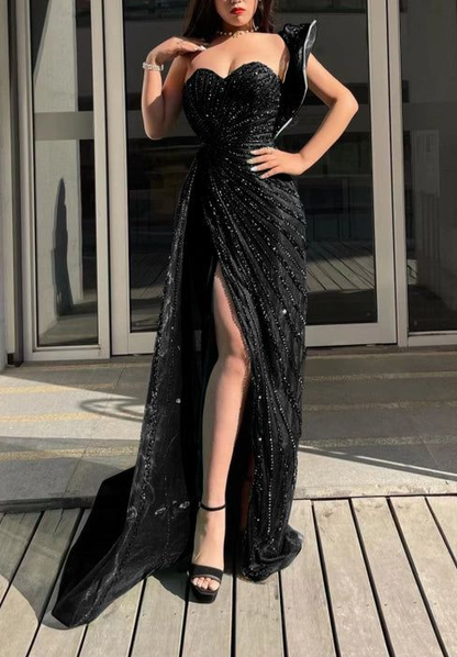 Emerald Green Sweetheart One-Shoulder Sequins Beading Evening Dress Mermaid Prom Dress With Split cc1634