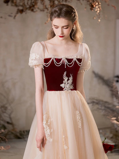 A-Line Tulle Champagne Long Prom Dress with Beads