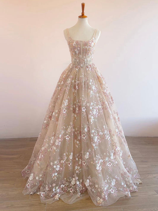 A-Line Lace  Champagne Long Prom Dress, Champagne Long Evening Dress