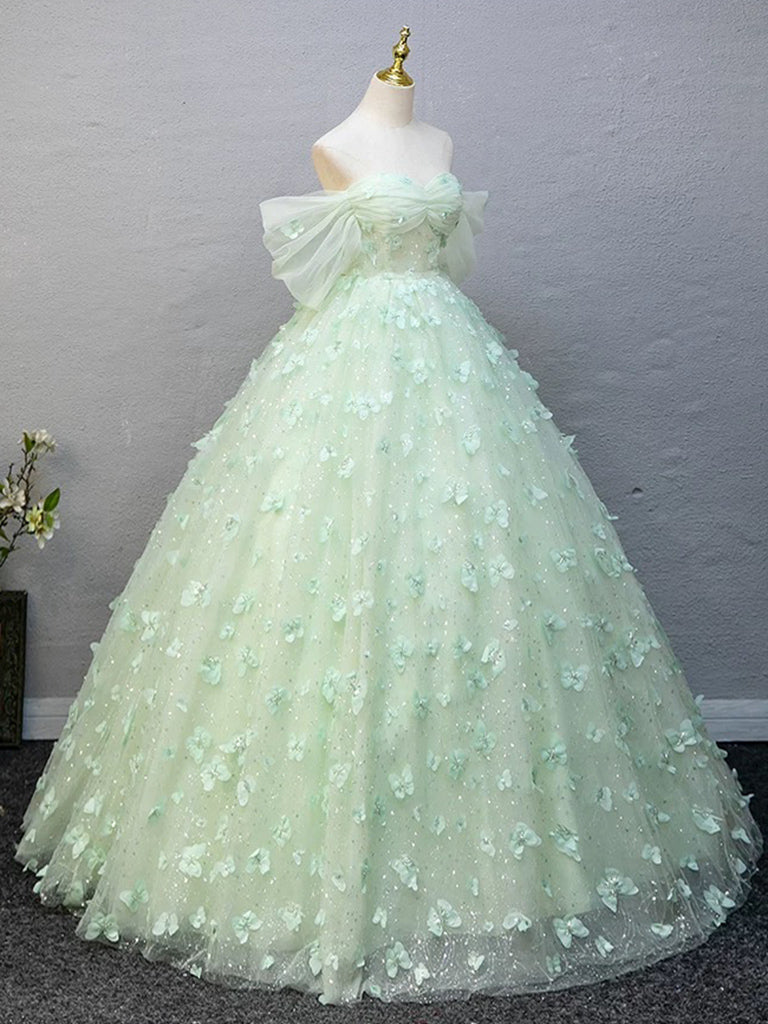A-Line Off Shoulder Tulle Lace Green Long Prom Dress, Green Long Formal Dress