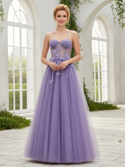 Delicate Backless A-Line Gown with Lace-Up Detail Lilac