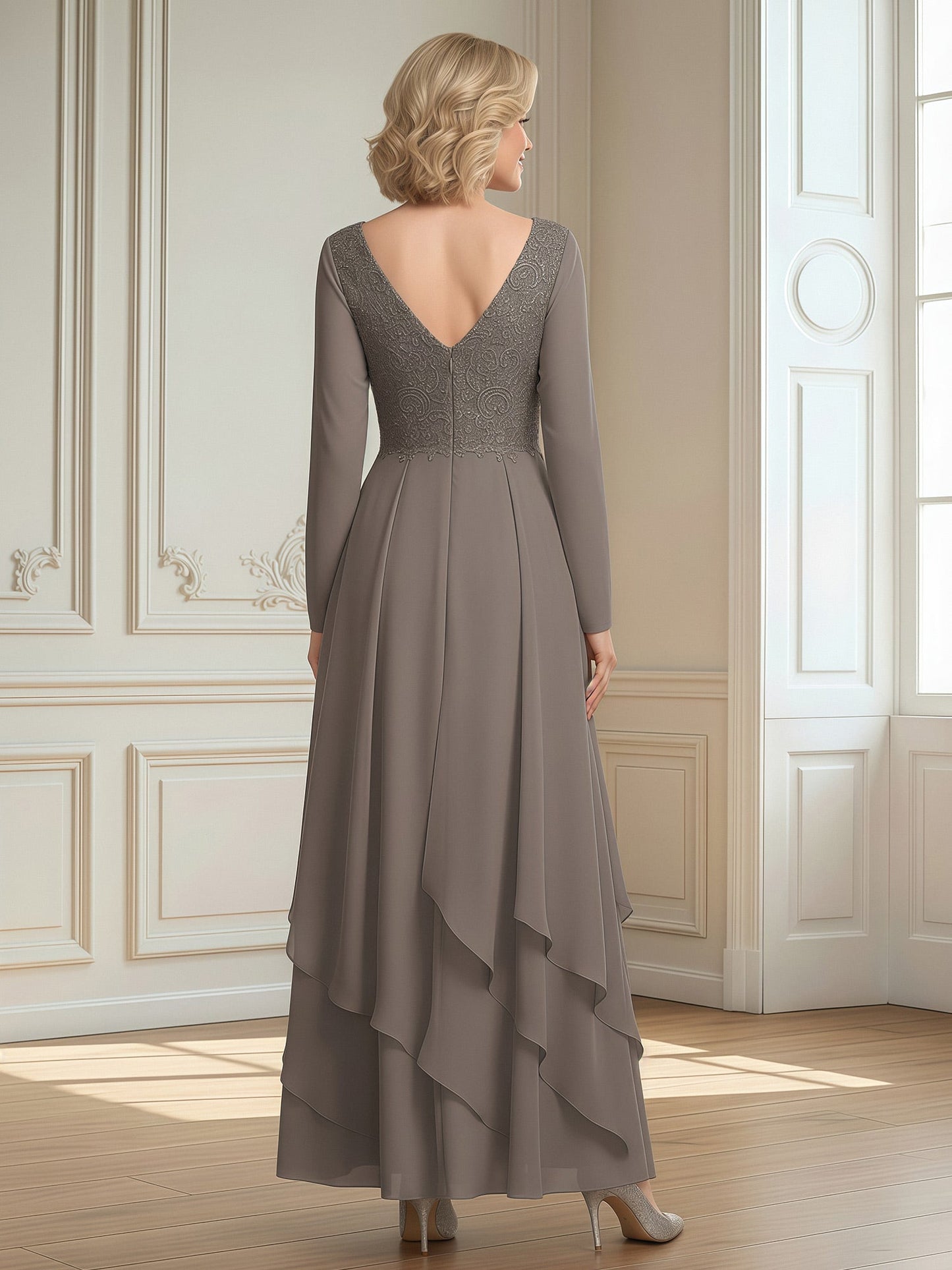A-Line V-neck Lace Bodice Ruffles Chiffon Dress Taupe