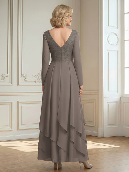 A-Line V-neck Lace Bodice Ruffles Chiffon Dress Taupe