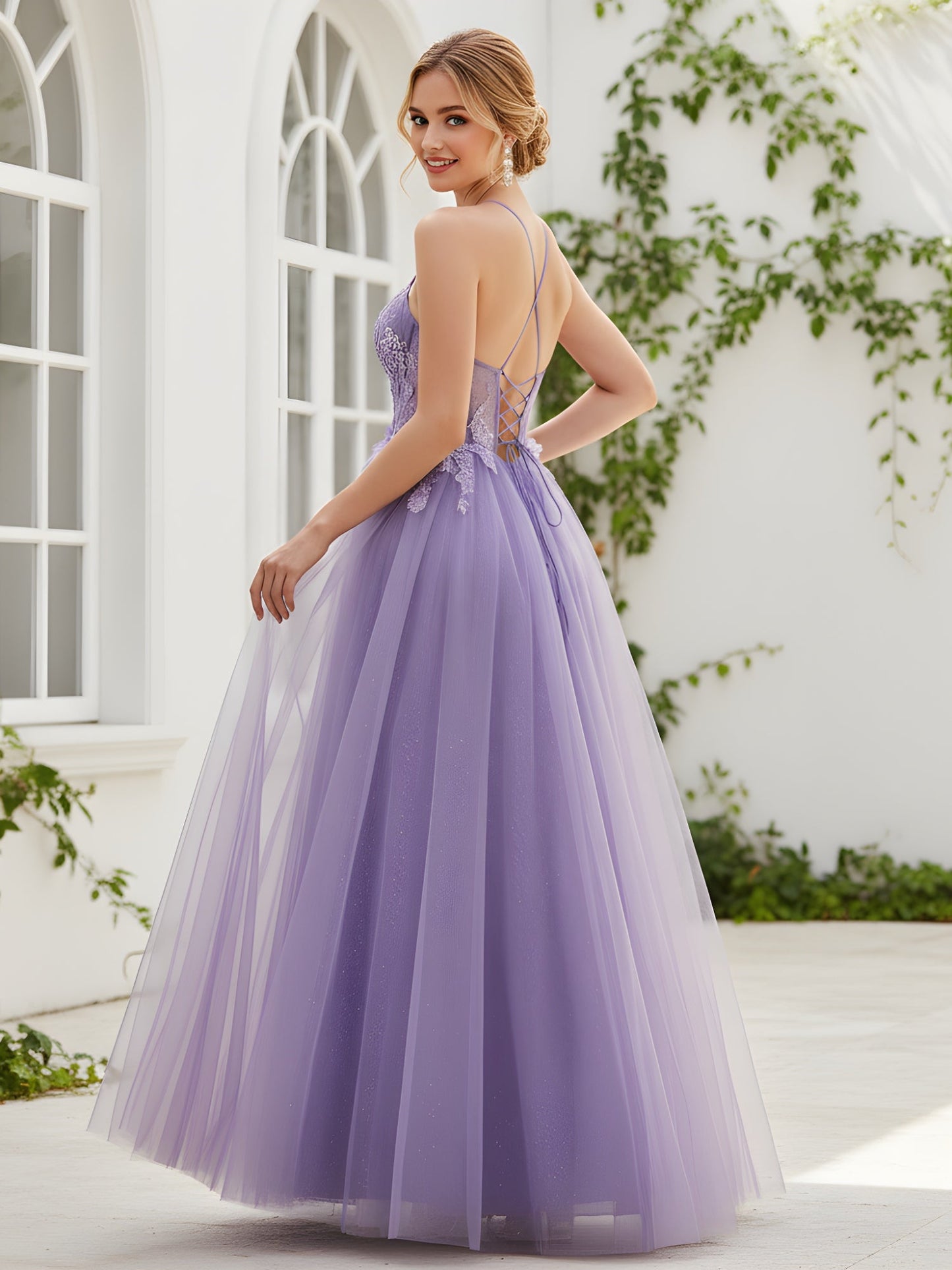 Delicate Backless A-Line Gown with Lace-Up Detail Lilac