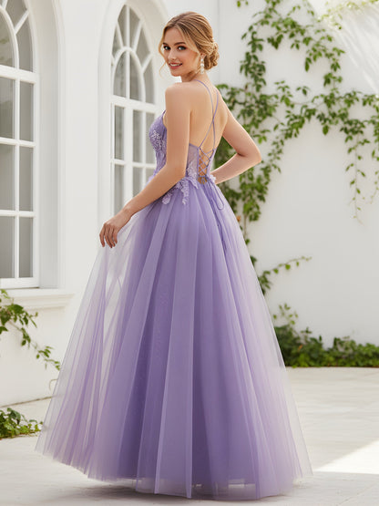 Delicate Backless A-Line Gown with Lace-Up Detail Lilac