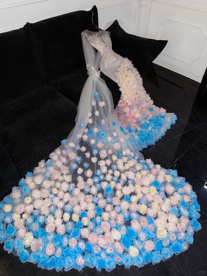 Gorgeous Sparkling Beaded Sequin Mermaid 3D Flowers Design Tulle Evening Dress Prom Dresses HZ1024