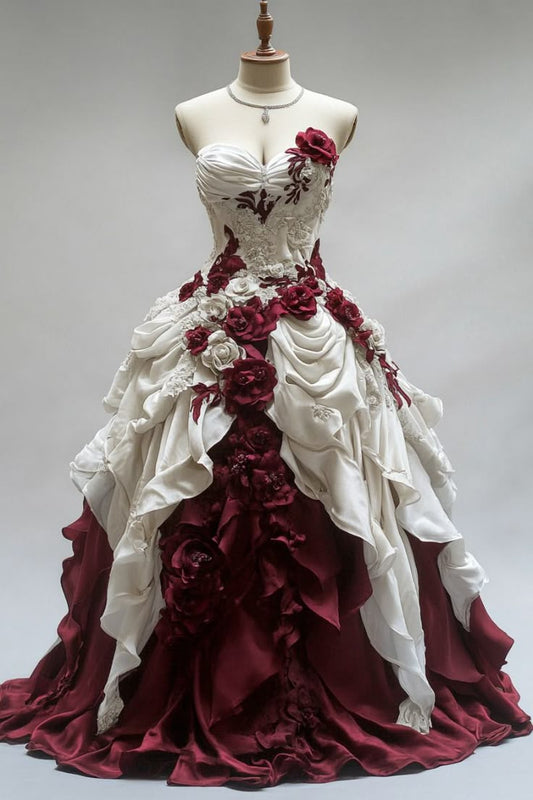 Ivory Red Floral Beading Vintage Long Tulle Ball Gown Wedding Dress gh4953