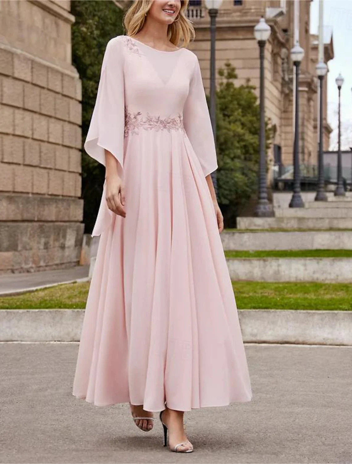 Aimishang A-Line Mother of the Bride Dress Formal Wedding Guest Elegant Bateau Neck Ankle Length Chiffon 3/4 Length Sleeve with Beading Sequin