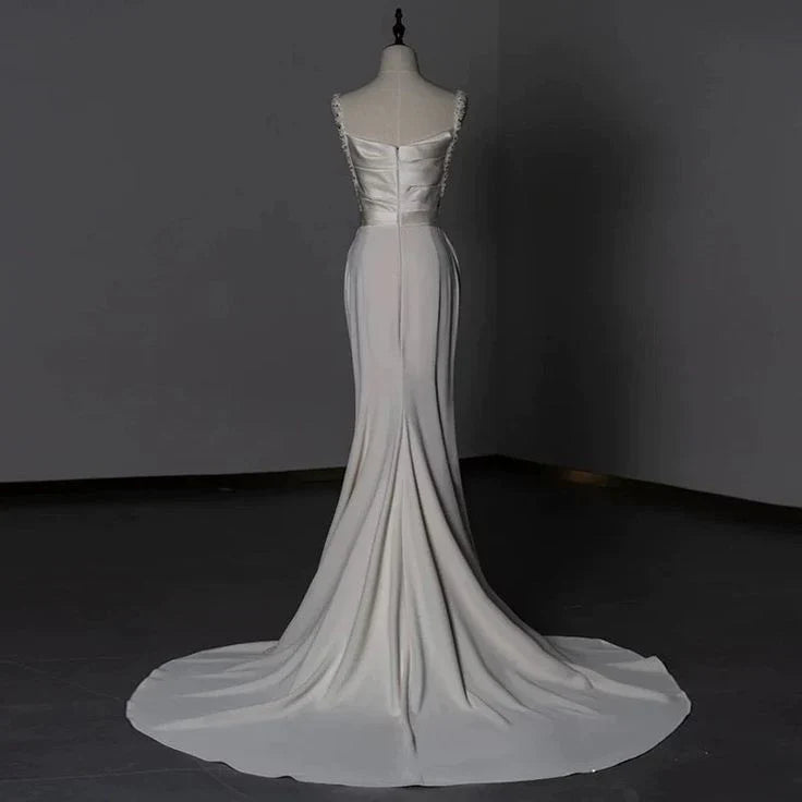 Sheath Long Satin White Wedding Dresses With Beads