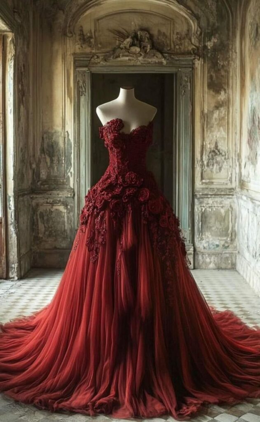 Vintage Burgundy Tulle 3D Flowers Evening Dress,Strapless Prom Party Dress cc2825