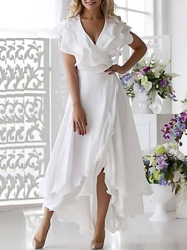 A-Line Mother of the Bride Dress Elegant V Neck Asymmetrical Chiffon Short Sleeve with Ruffles Split Front - RongMoon