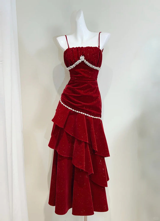 Vintage Burgundy Mermaid Spaghetti Strap Ruffle Velvet Prom Dress Evening Dress cc5281