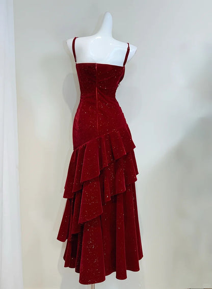 Vintage Burgundy Mermaid Spaghetti Strap Ruffle Velvet Prom Dress Evening Dress cc5281