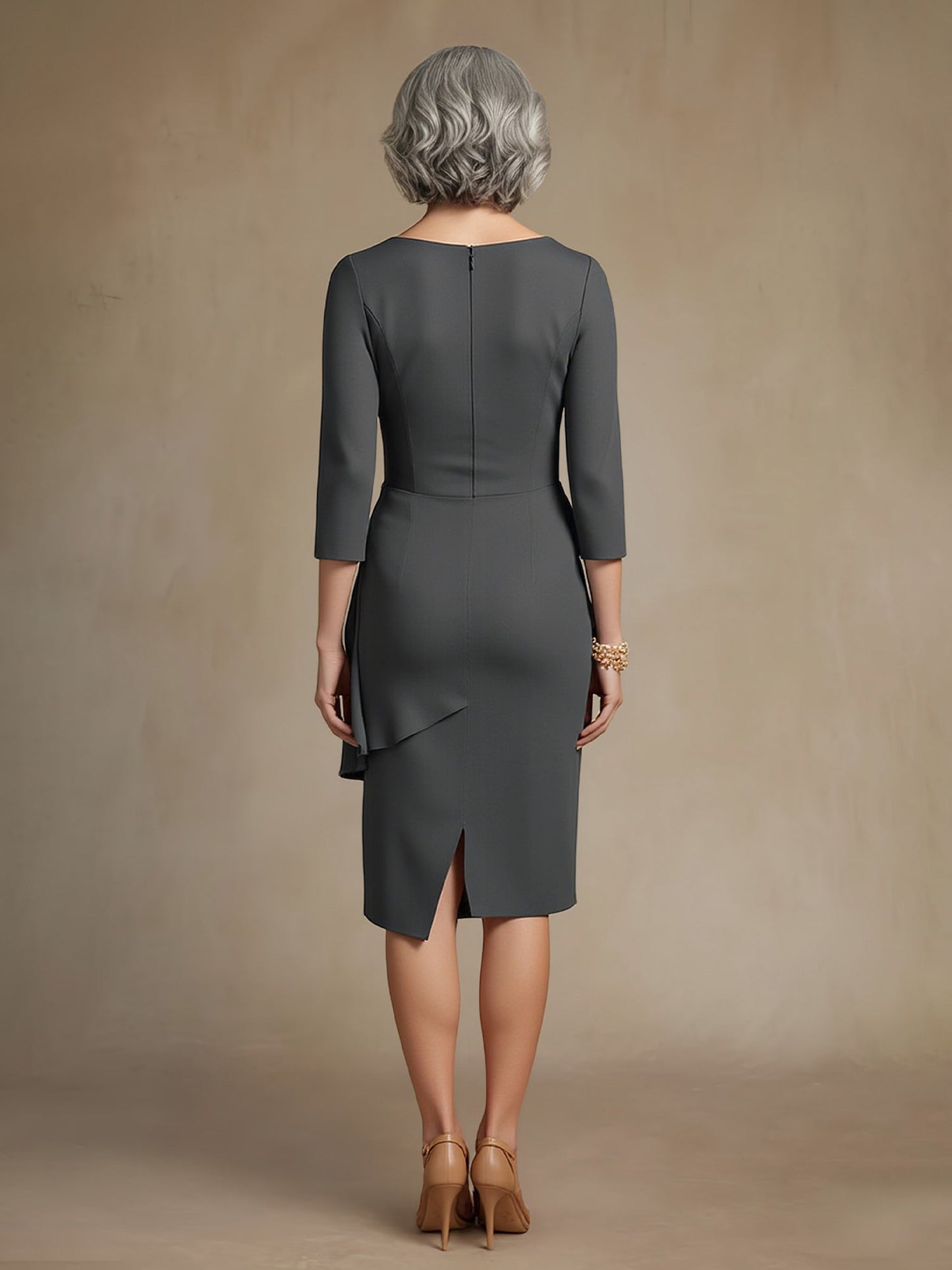 Scoop Neck 3/4 Sleeves Knee-length Dress Steel Grey