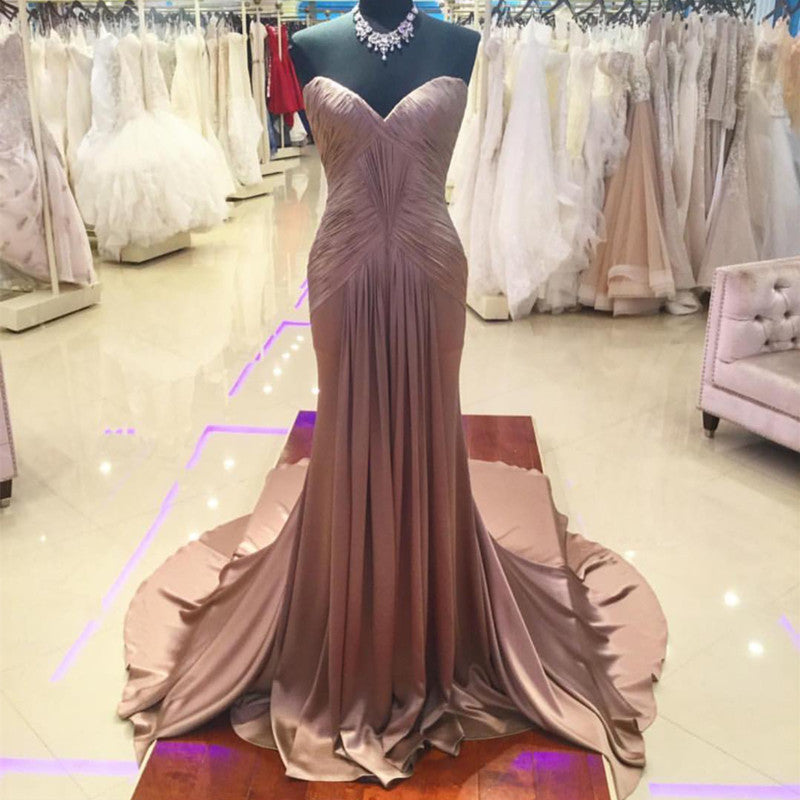 Coffee Satin Ruched Sweetheart Mermaid Prom Dresses