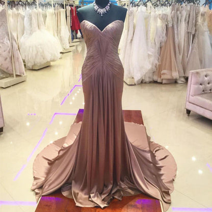 Coffee Satin Ruched Sweetheart Mermaid Prom Dresses