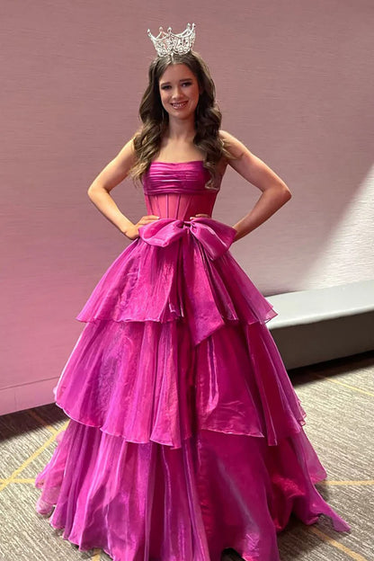 Fuchsia Strapless A-Line Organza Long Corset Prom Dress with Bow