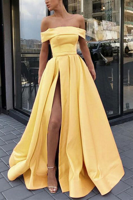 Simple yellow satin long prom dress yellow formal dress