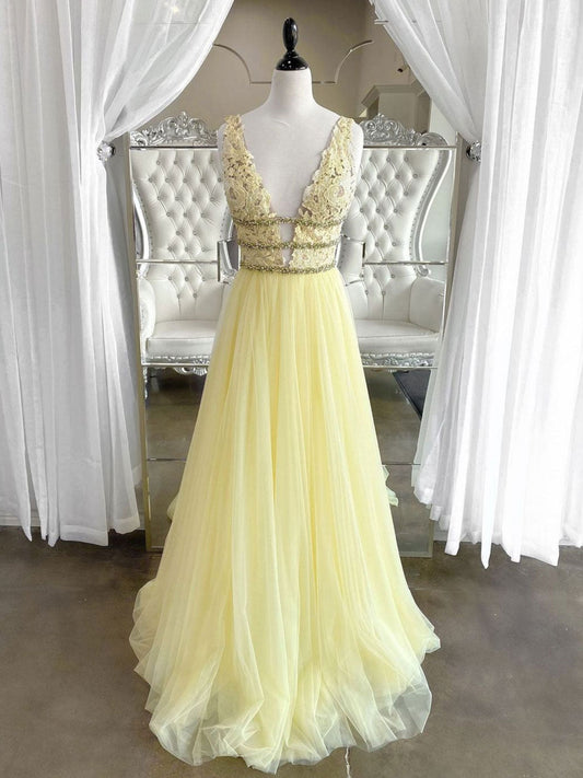 Yellow v neck tulle lace long prom dress, yellow tulle lace evening dress
