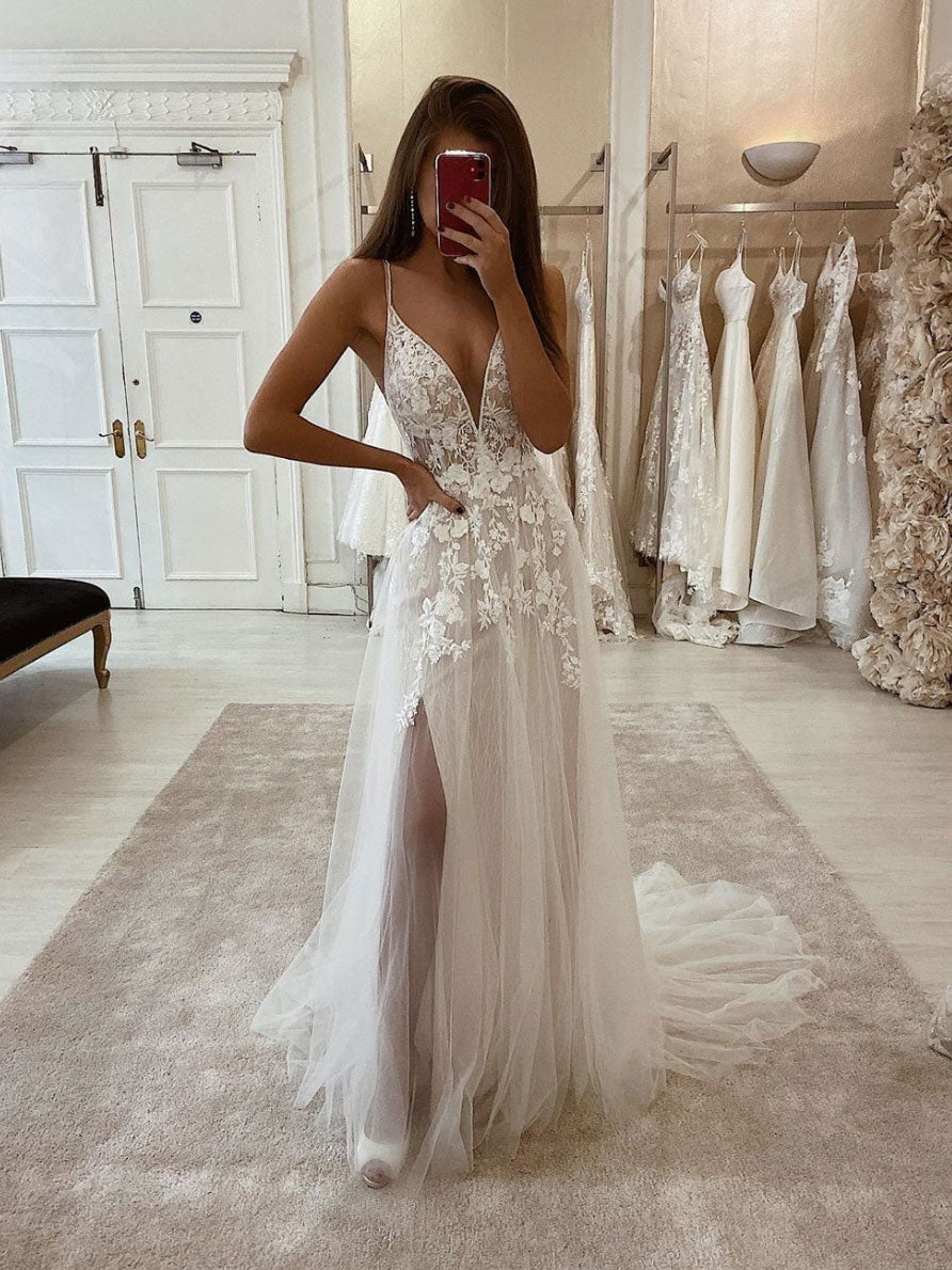 White v neck tulle lace long prom dress, white lace evening dress