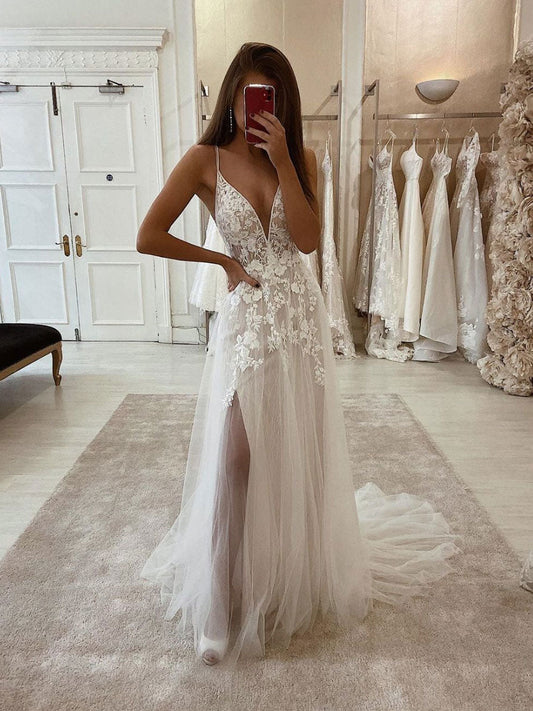 White v neck tulle lace long prom dress, white lace evening dress