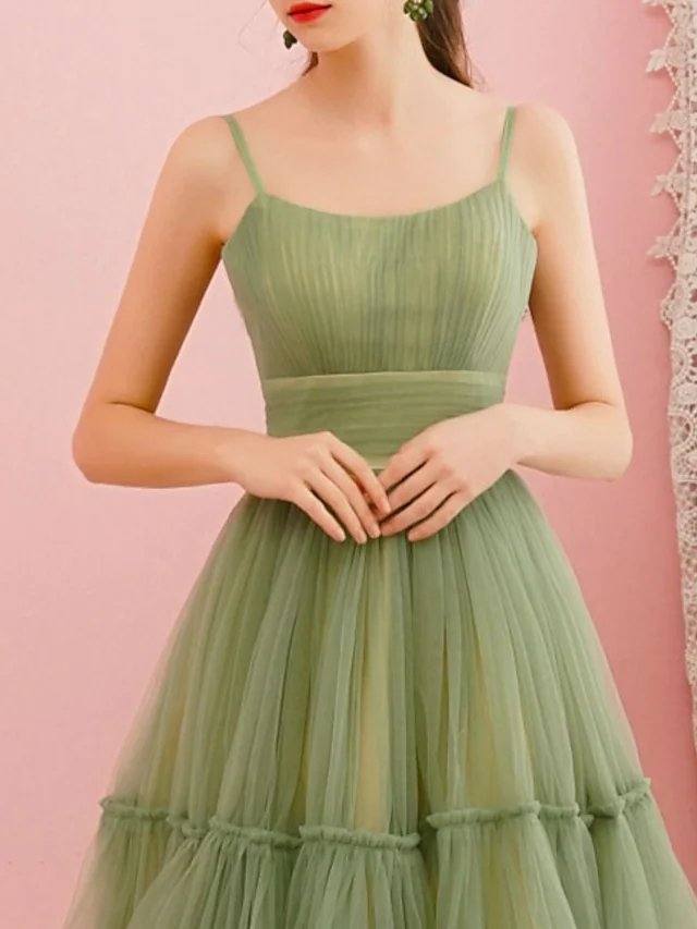 A-Line Spring Cocktail Party Prom Dress Spaghetti Strap Sleeveless Tea Length Satin Tulle with Pleats Ruched - RongMoon