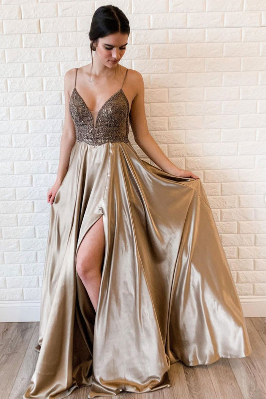 Unique v neck satin beads long prom dress formal dress