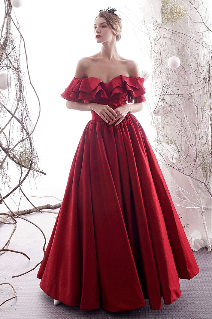 Simple red sweetheart satin long prom dress red bridesmaid dress