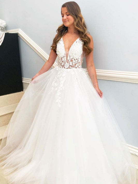 White v neck tulle lace long prom dress, white lace evening dress